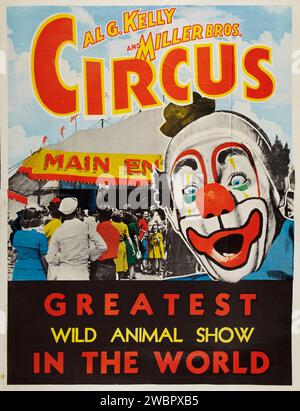 Poster del circo (al G.Kelly and Miller Brothers, 1940s). Poster del circo con ingresso da circo e clown Foto Stock