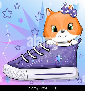 Una simpatica volpe da cartone animato con una sneaker. Illustrazione vettoriale di un animale su sfondo blu e rosa con stelle. Illustrazione Vettoriale