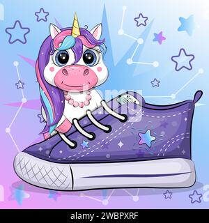 Un simpatico unicorno cartoni animati con una sneaker. Illustrazione vettoriale di un animale su sfondo blu e rosa con stelle. Illustrazione Vettoriale