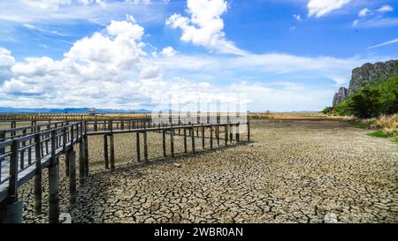 Splendida passeggiata in legno presso il Sam ROI Yot Freshwater Marsh o il Bueng Bua Khao Sam ROI Yot National Park in Thailandia. Ponte Boardwalk. In estate il groun Foto Stock