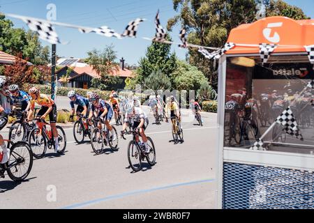 Adelaide, Australia. 12 gennaio 2024. Foto di Zac Williams/SWpix.com - 12/01/2024 - Ciclismo - 2024 Tour femminile Down Under - fase 1: Da Hahndorf a Cambelltown (93 km) - Ally Wollaston, AG Insurance - Soudal Team. Credito: SWpix/Alamy Live News Foto Stock