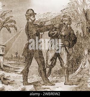 Una vecchia incisione che mostra l'arresto di John Harrison Surratt Jr. (1844 – 1916), la spia confederata americana accusata di complottare con John Wilkes Booth per rapire il presidente degli Stati Uniti Abraham Lincoln; e sospettato di essere coinvolto nell'assassinio di Abraham Lincoln, fuggì in Canada e in Egitto, dove alla fine fu arrestato ma sfuggì all'esecuzione a causa dello statuto dei limiti. Foto Stock