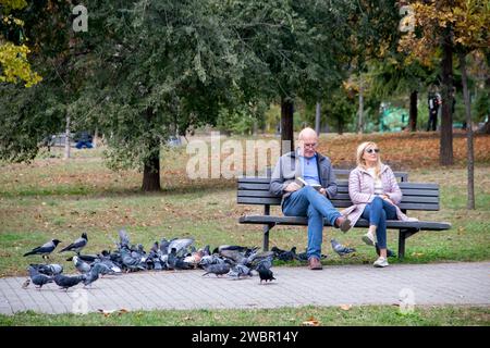 Colpo di stato anziano di mezza età [le godendo una bella giornata di sole autunnale alla panchina nel parco pubblico della città, con un gregge di piccioni intorno a loro Foto Stock