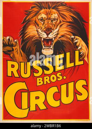 Vintage Circus poster (Russell Brothers, 1938) promette un leone ruggente Foto Stock
