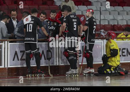 Lisbona, Portogallo. 11 gennaio 2024. Lisbona, 01/11/2024 - Sport Lisboa e Benfica ha ospitato Réus Deportiu questo pomeriggio all'Pavilhão da Luz di Lisbona, in una partita che conta per la 2023/24 Roller Hockey Champions League. (Pedro Rocha/Global Imagens) credito: Atlantico Press/Alamy Live News Foto Stock