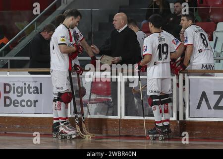 Lisbona, Portogallo. 11 gennaio 2024. Lisbona, 01/11/2024 - Sport Lisboa e Benfica ha ospitato Réus Deportiu questo pomeriggio all'Pavilhão da Luz di Lisbona, in una partita che conta per la 2023/24 Roller Hockey Champions League. (Pedro Rocha/Global Imagens) credito: Atlantico Press/Alamy Live News Foto Stock