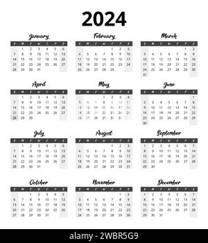 2024 Calendar Vector: Modello mensile moderno, modificabile e stampabile per la pianificazione in inglese Illustrazione Vettoriale