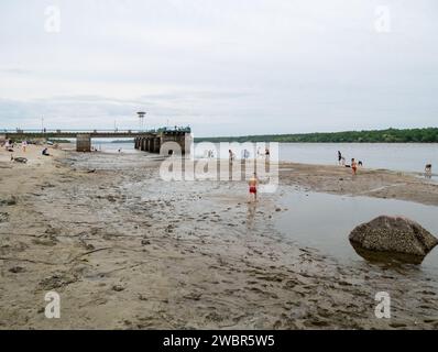 La distruzione della diga di Kakhovka portò ad una catastrofica diminuzione del livello dell'acqua nel fiume Dnipro Foto Stock