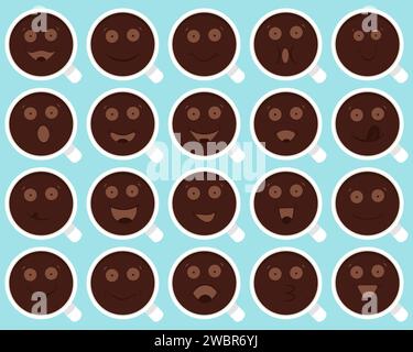 Set di tazze da cartoni animati con caffè con visi. Emoticon allegri, sorriso, emoji e altri volti divertenti. Illustrazione vettoriale. Illustrazione Vettoriale