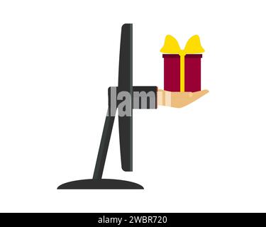 Una mano con una confezione regalo sul palmo della mano sporge dallo schermo del monitor del computer. Bonus, sorprese, consegna di beni e altri servizi online. Vettore il Illustrazione Vettoriale