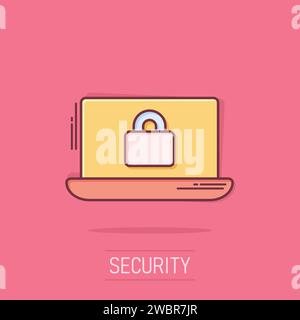 Cyber security icona in stile fumetto. Lucchetto bloccato vettore illustrazione cartoon bianco su sfondo isolato. Business notebook concetto effetto splash. Illustrazione Vettoriale