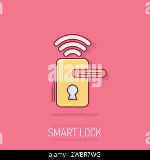 Accesso wireless a serratura della porta segno icona in stile fumetto. Smart home vettore illustrazione cartoon bianco su sfondo isolato. Sistema remoto concetto aziendale splas Illustrazione Vettoriale