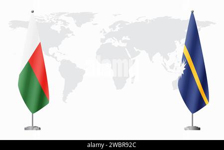 Bandiere Madagascar e Nauru per un incontro ufficiale sullo sfondo della mappa mondiale. Illustrazione Vettoriale