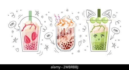 Set di bollicine, tè al latte perlato, boba, bevanda taiwanese. Matcha Dango palle su un bastone. palle di tapioca chewy gelatina d'erba, fagioli rossi. Con panna montata e. Illustrazione Vettoriale