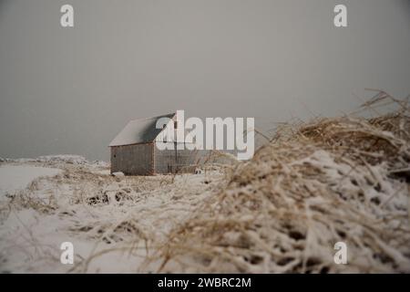 Capanna piccola su terreno innevato in inverno con erba secca Foto Stock