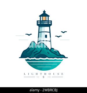 Faro nell'oceano sulla piccola isola rocciosa logo emblema vettore. Faro torre mascotte. Illustrazione Vettoriale