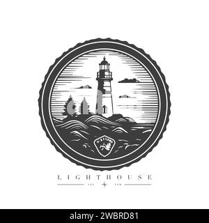 Faro nell'oceano sulla piccola isola rocciosa logo emblema vettore. Faro torre mascotte. Illustrazione Vettoriale