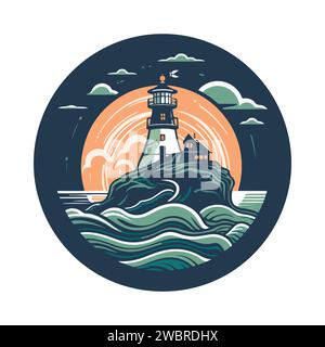 Faro nell'oceano sulla piccola isola rocciosa logo emblema vettore. Faro torre mascotte. Illustrazione Vettoriale