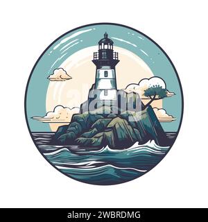 Faro nell'oceano sulla piccola isola rocciosa logo emblema vettore. Faro torre mascotte. Illustrazione Vettoriale