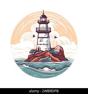 Faro nell'oceano sulla piccola isola rocciosa logo emblema vettore. Faro torre mascotte. Illustrazione Vettoriale