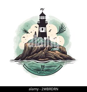 Faro nell'oceano sulla piccola isola rocciosa logo emblema vettore. Faro torre mascotte. Illustrazione Vettoriale