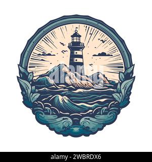 Faro nell'oceano sulla piccola isola rocciosa logo emblema vettore. Faro torre mascotte. Illustrazione Vettoriale