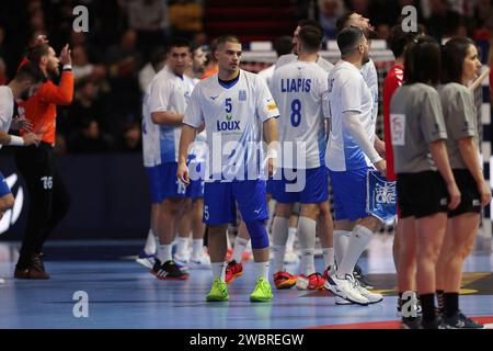 Olympiahalle Monaco di Baviera, München giovedì 11 gennaio 2024 EHF UOMINI TURNO PRELIMINARE EURO 2024 – GRUPPO F Portogallo – Grecia vs. L., Dimitrios Panagiotou (Grecia) Foto Stock