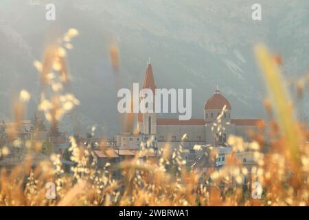 Vista della chiesa di San Saba nella città libanese di Bcharre attraverso l'erba gialla. Foto Stock