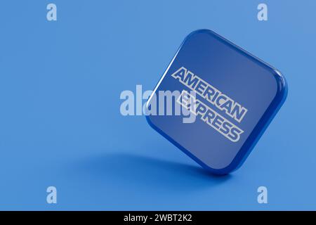 LONDRA, Regno Unito - ottobre 2023: Logo American Express Bank and Financial Services Company. Rendering 3D. Foto Stock