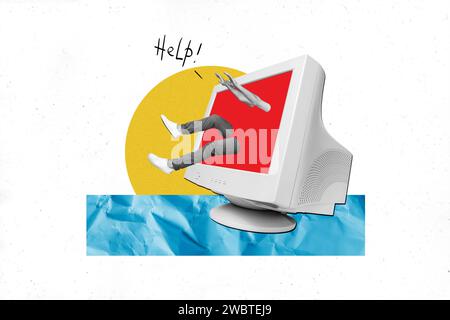 Immagine collage di un uomo spaventato che chiede e urla di aiutarlo isolato sullo sfondo del disegno Foto Stock
