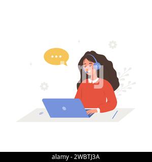 Concetto di assistenza clienti. Call center o hotline. Donna sorridente con cuffie e microfono con computer portatile. L'operatore consiglia i client. Vettore Illustrazione Vettoriale