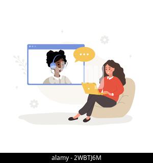 Concetto di servizio clienti. Client donna con notebook che parla con il supporto online. Call center o hotline. Illustrazione vettoriale in stile cartone animato piatto Illustrazione Vettoriale