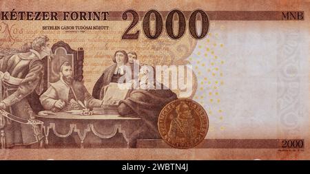 Si tratta di una banconota con la valuta nazionale dell'Ungheria, con una vista posteriore di duemila fiorini Foto Stock