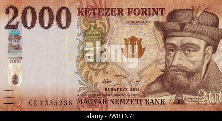 Banconote in valuta nazionale ungherese denominate in 2000 forint vista frontale Foto Stock