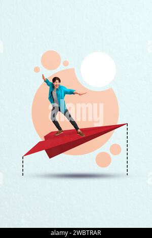 immagine collage di riviste 3d di un ragazzo sconsiderato che vola con un piano di carta rosso, sfondo blu isolato Foto Stock