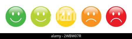 Emojis con classificazione 3D impostato in diversi colori con lucentezza. Raccolta emoticon feedback. Set di icone emoji eccellente, buono, neutro, cattivo e molto cattivo. Illustrazione Vettoriale
