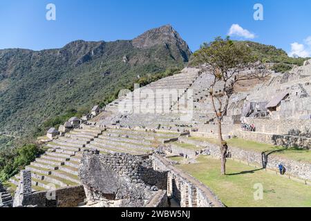 Una vista delle terrazze e delle rovine della cittadella di Machu Picchu nella Valle Sacra in Perù Foto Stock