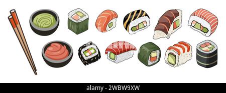 Sushi cibo asiatico con pesce, riso vettoriale. Illustrazione Vettoriale