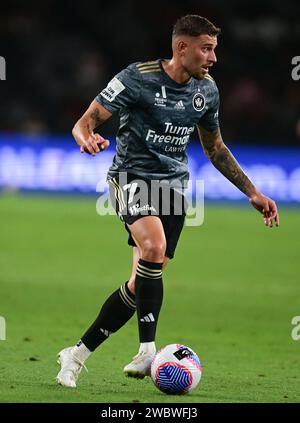 Parramatta, Australia. 12 gennaio 2024. Dylan Pierias del Western Sydney Wanderers FC visto in azione durante la A-League Men's 2023/24 Uniround match tra Melbourne City FC e Western Sydney Wanderers FC al CommBank Stadium. Punteggio finale; Western Sydney Wanderers 1:0 Melbourne City FC. Credito: SOPA Images Limited/Alamy Live News Foto Stock