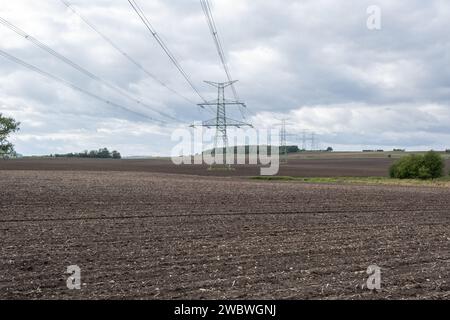 I tralicci per cavi elettrici torreggianti con linee elettriche ad alta tensione si estendono su un campo della Repubblica Ceca, infrastrutture di approvvigionamento energetico Foto Stock