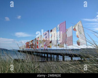 Il Petone Wharf di Wellington in una bella giornata ventosa. Bandiere colorate fiancheggiano il molo per celebrare il vento. Il molo in ora non è usato Foto Stock