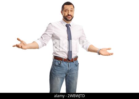 Un uomo d'affari confuso che gestiva con le mani isolate su sfondo bianco Foto Stock