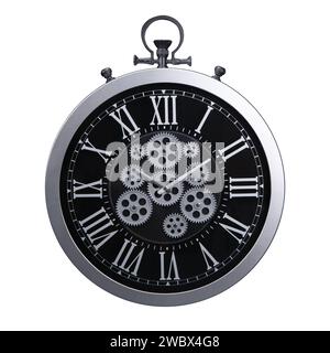 Un grande orologio interno aperto 24 ore su 24. Grande orologio su rack in metallo. Un grande orologio appeso a una parete bianca. Concetto di tempo. Orologio antico appeso alla parete del soggiorno Foto Stock