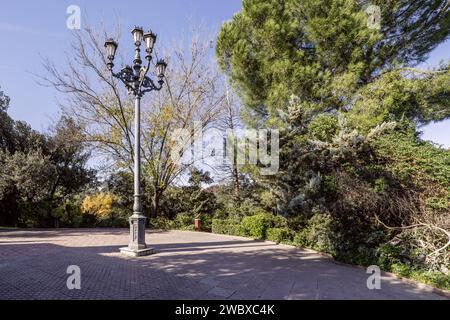 Un vecchio lampione in metallo con cinque lampioni stradali su un passaggio pedonale con alberi lungo il perimetro Foto Stock