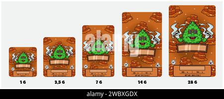 Ceppi di caramello e erba infestante con fumatore Mascot Cartoon. Set di coperture per confezione prodotto con 1G, 3, 5G, 7G, 14G e 28G. Dimensioni scalabili senza perdere Illustrazione Vettoriale