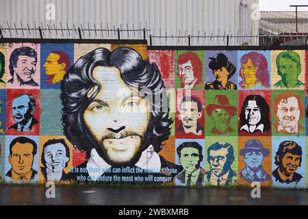 Northumberland Street che corre tra la lealista Divis Street e l'unionista Shankhill Road, conosciuta come il muro Internazionale, con i suoi famosi murales, NI. Foto Stock