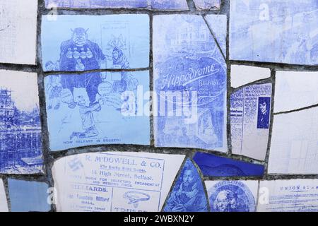 Dettagli del Big Fish, una scultura in mosaico di ceramica stampata di John Kindness, su Donegall Quay, a Belfast, NI, Regno Unito Foto Stock