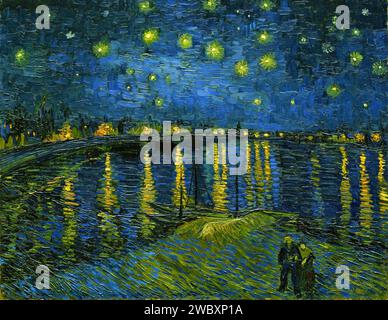 Notte stellata sul Rodano, 1888 (Pittura) dell'artista Gogh, Vincent van (1853-90) Dutch. Illustrazione Vettoriale