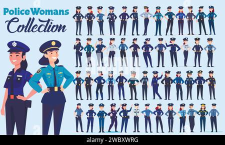 Collezione di figure femminili della polizia vettoriale. Serie di ragazze vettoriali. Illustrazione Vettoriale