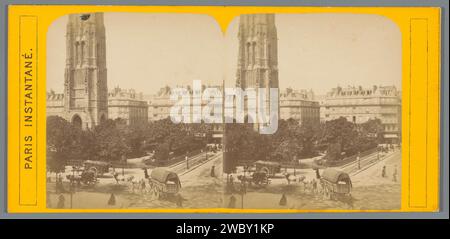 Vista del Tour Saint-Jacques e Square de la Tour Saint-Jacques a Parigi, Anonimo, c. 1850 - c. 1880 stereografo di Parigi supporto fotografico. torre di stampa albumi di cartone, torre dell'orologio  ornamento monumentale. quadrato, luogo, circo, ecc. trazione animale, veicolo trainato da animali (trasporto, ecc.) Tour di Saint-Jacques Foto Stock